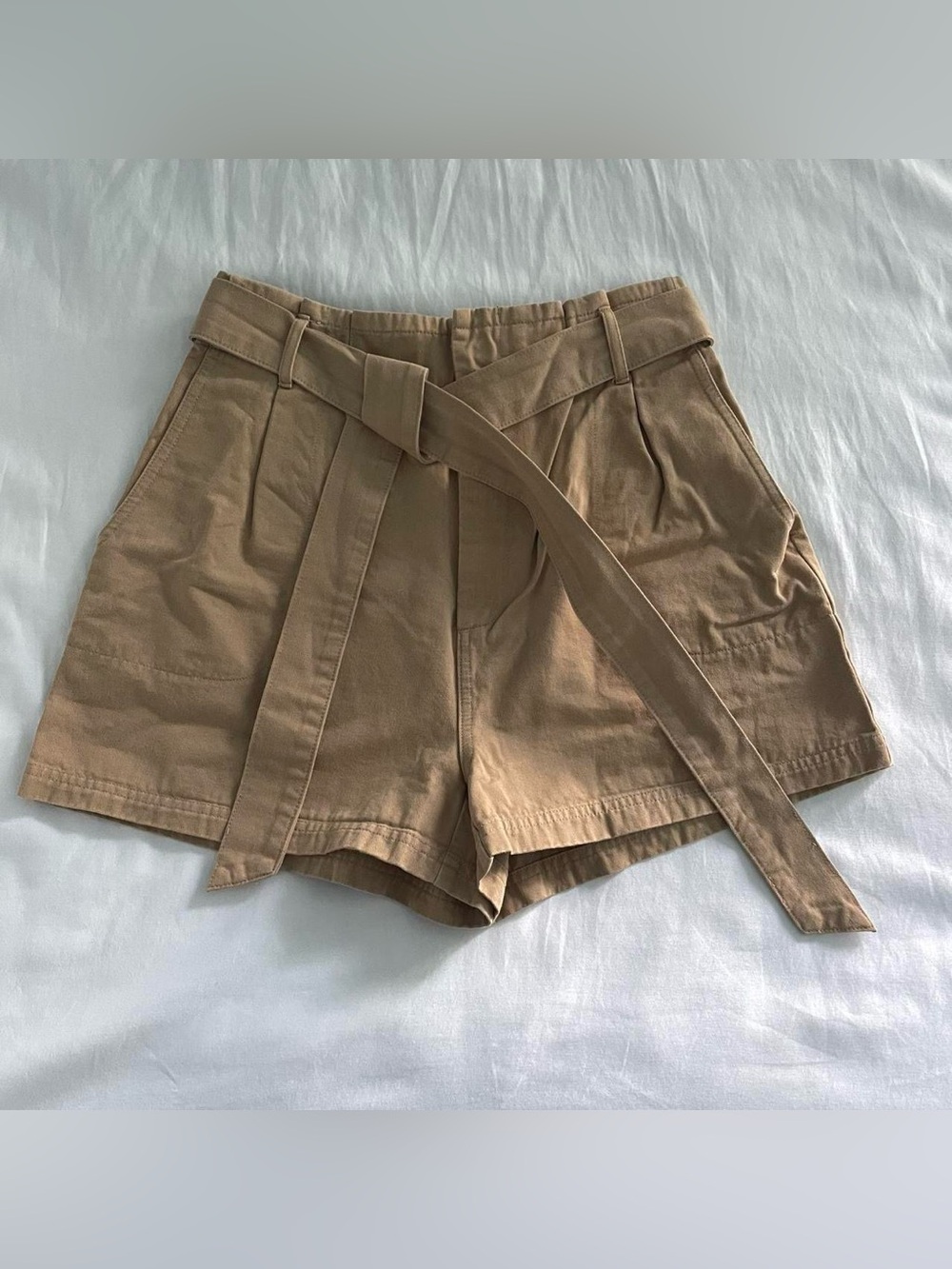 Elodie High-Waist Belted Shorts in Khaki Brown